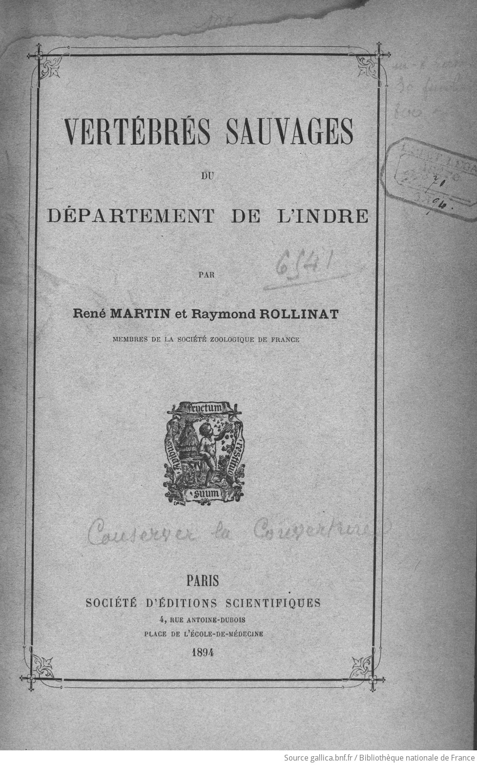 •	Couverture des "Vertébrés sauvages de l'Indre"